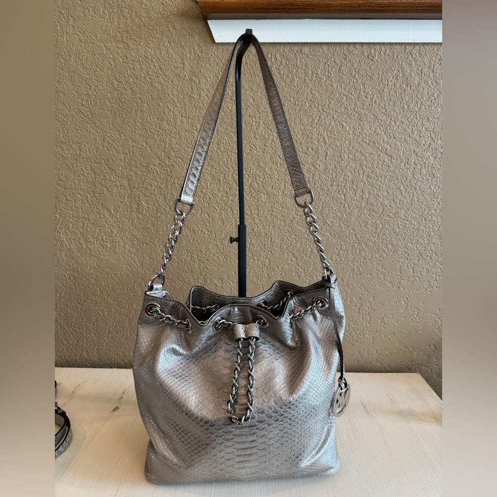 Michael Kors Boho Style Purse.  Silver Metallic with Reptile print.
